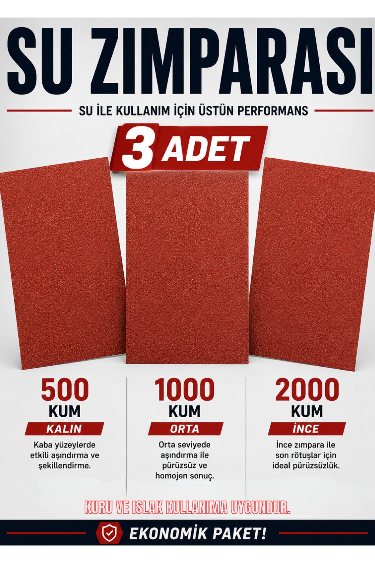 Far Parlatma Su Zımparası Seti 3'lü 500 1000 2000 Kum Oto Boya Seramik Metal Ahşap İçin