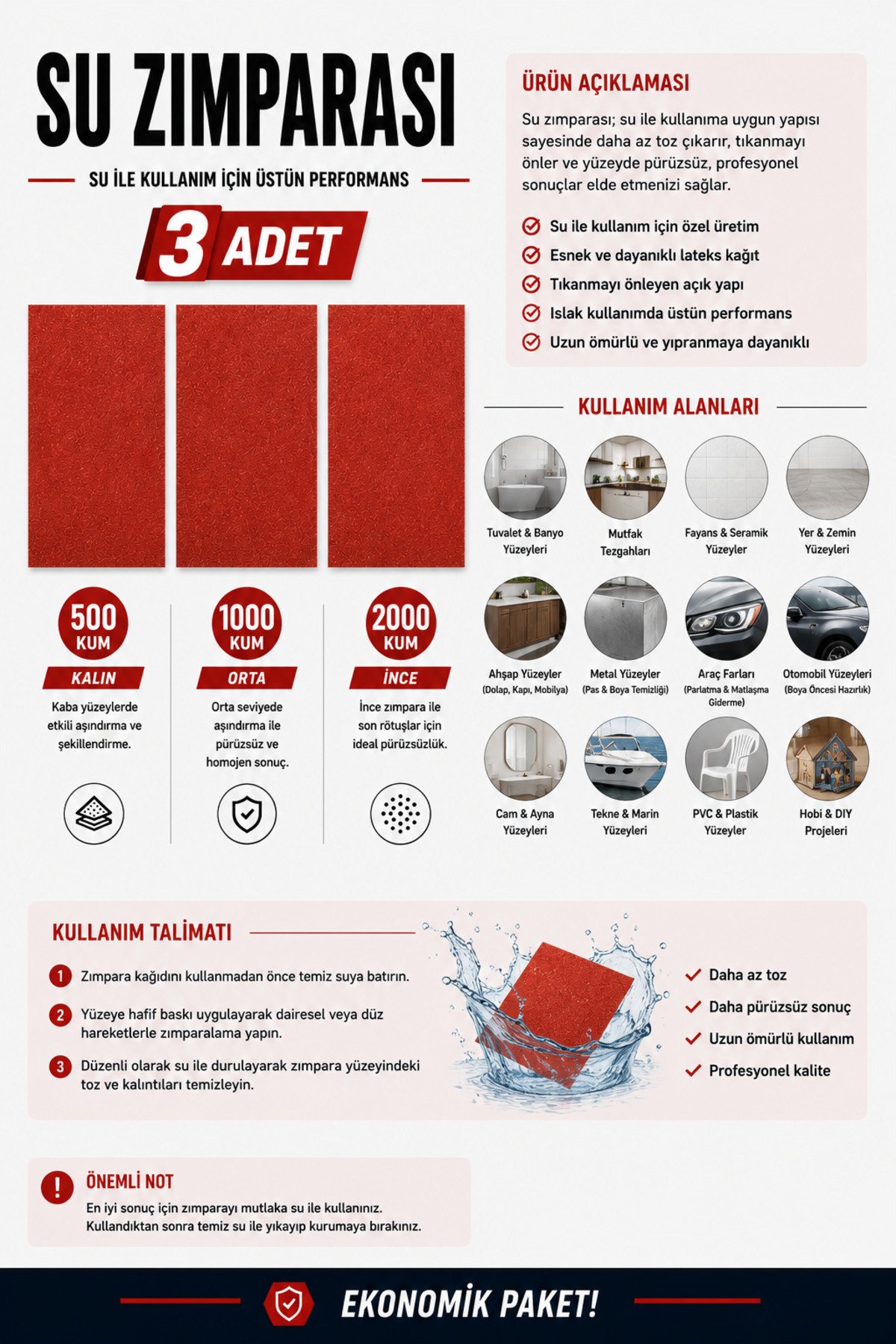 Far Parlatma Su Zımparası Seti 3'lü 500 1000 2000 Kum Oto Boya Seramik Metal Ahşap İçin