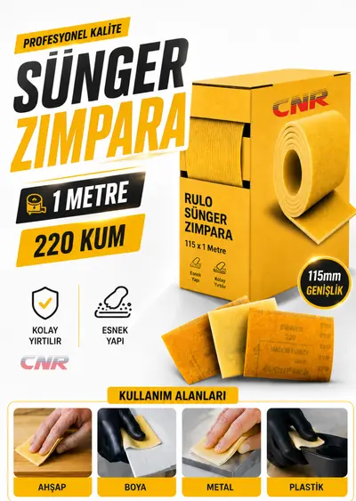 Sünger - Ahşap Zımpara Kağıdı | Mutfak Banyo Bulaşık Sünger | Süngerli Bant Kağıt Zımpara ( 1 Metre - 220 Kum)