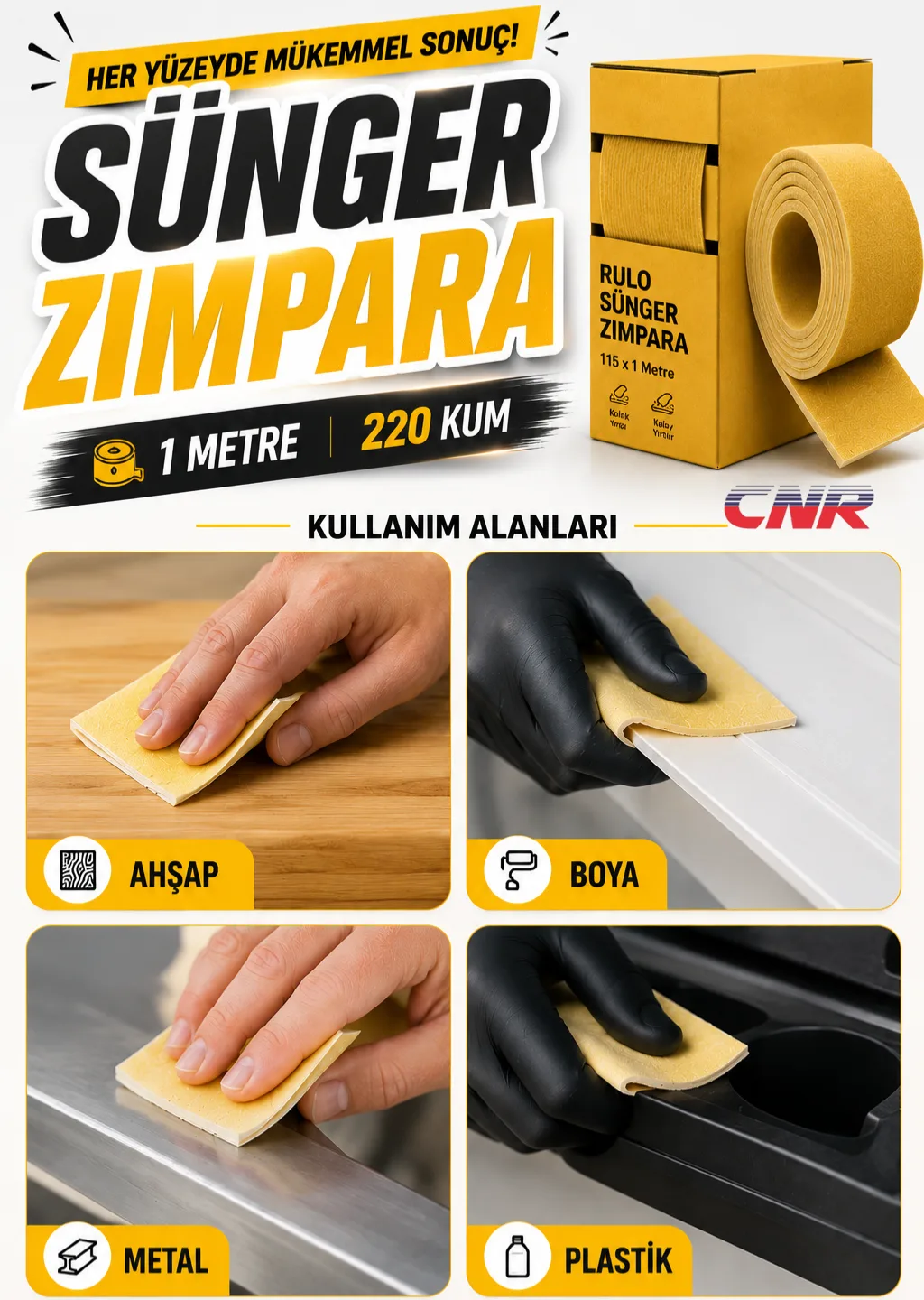 Sünger - Ahşap Zımpara Kağıdı | Mutfak Banyo Bulaşık Sünger | Süngerli Bant Kağıt Zımpara ( 1 Metre - 220 Kum)