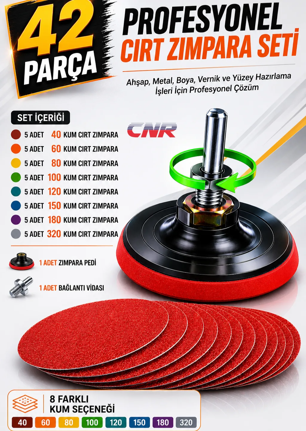 Cırt Zımpara Seti 42 Parça 115 mm Matkap Disk Uyumlu |Profesyonel Full-Set Spiral Taşlama Aparatlı